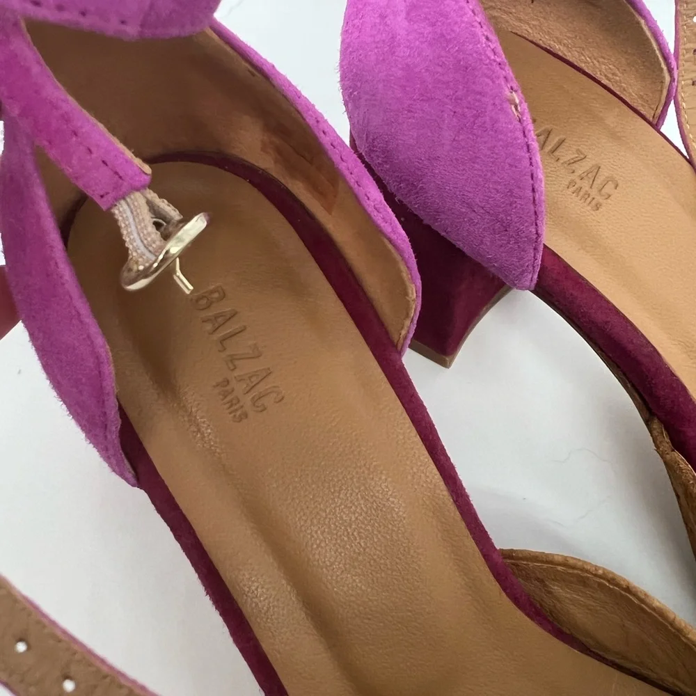 Balzac Paris “Miraculeuse” Suede Leather Wrap Heels – Magenta & Tan Block Pumps - Picture 5 of 8
